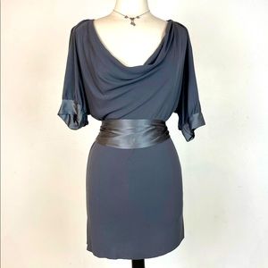 Graham & Spencer Silk Blend Draped Gray Mini Dress w/ Belt Sash. EUC Small